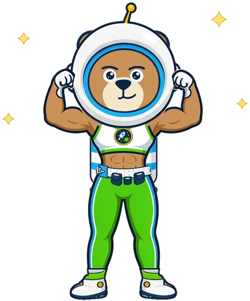 Bea the bear as an astronaut, in a space helmet and jetpack